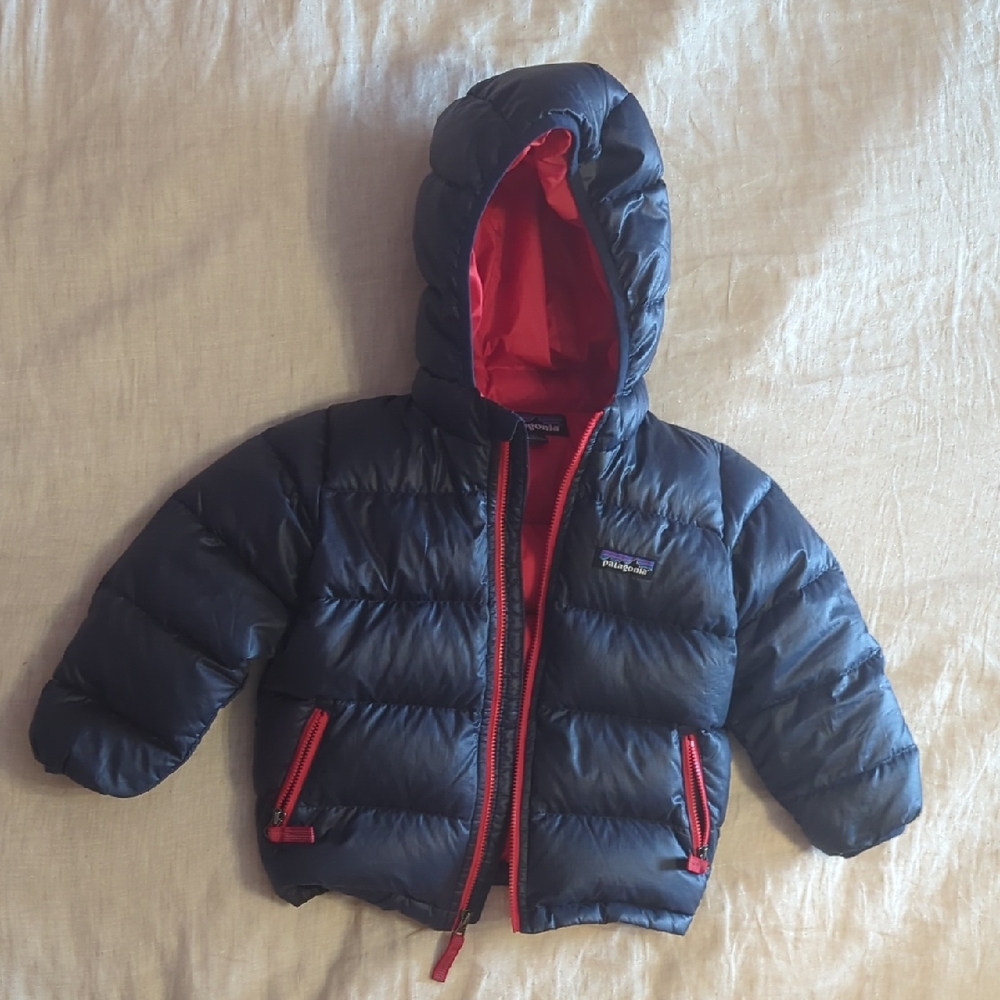 Patagonia Hi-Loft Down Sweater Toddler Puffy Jacket, Navy & Red, 2T